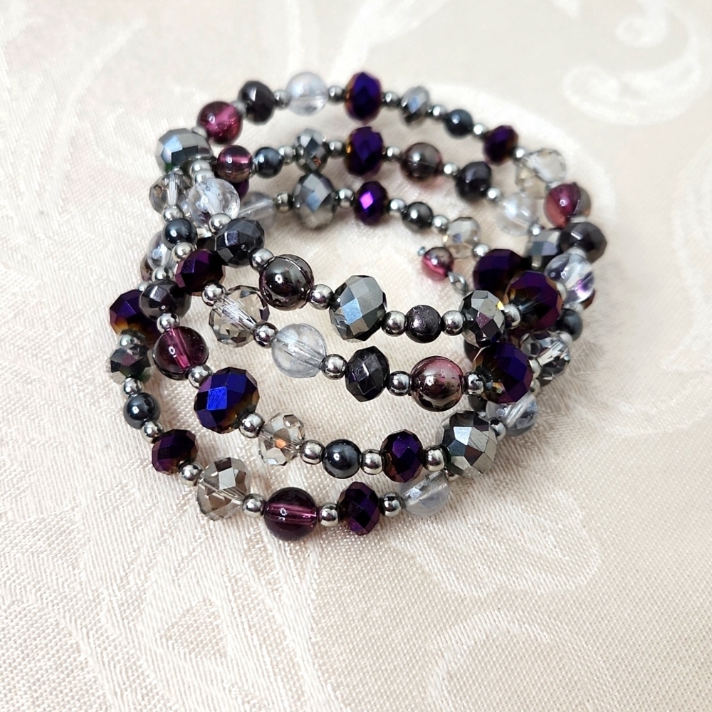 Purple silver wrap bracelet with iridescent beads
